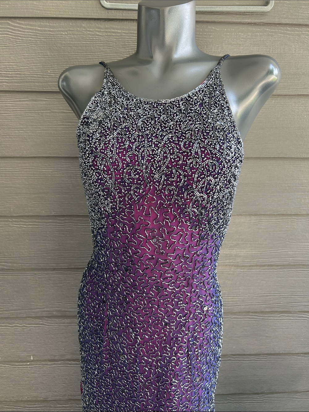 Vintage 90s Cache Gold Label Silk Beaded Maxi Gown Pageant / Prom Dress - Picture 4 of 16